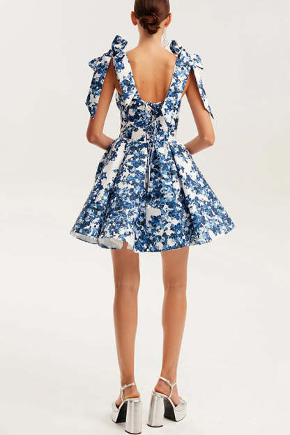 Garden of Eden Floral Print Bow Straps Princess Flared Mini Dress-consonak