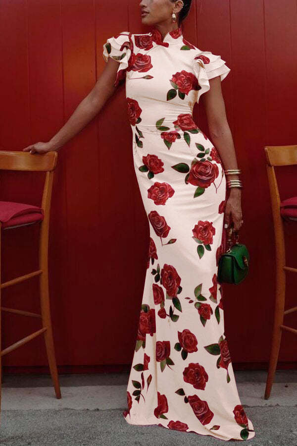 Elegant party cheongsam style rose print layered flared sleeve elastic long skirt-consonak