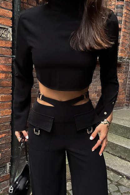 Leia High Neck Button Bell Sleeve Top and Cutout Waist Metal Pocketed Flare Pants Set-consonak