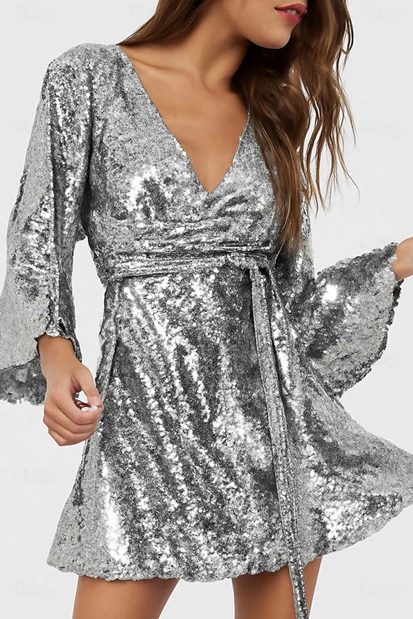 Solid Color Loose Sequined V-neck Tie Mini Dress-consonak