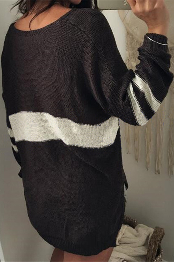Fashionable Patchwork V-neck Long-sleeved Knitted Sweater-consonak