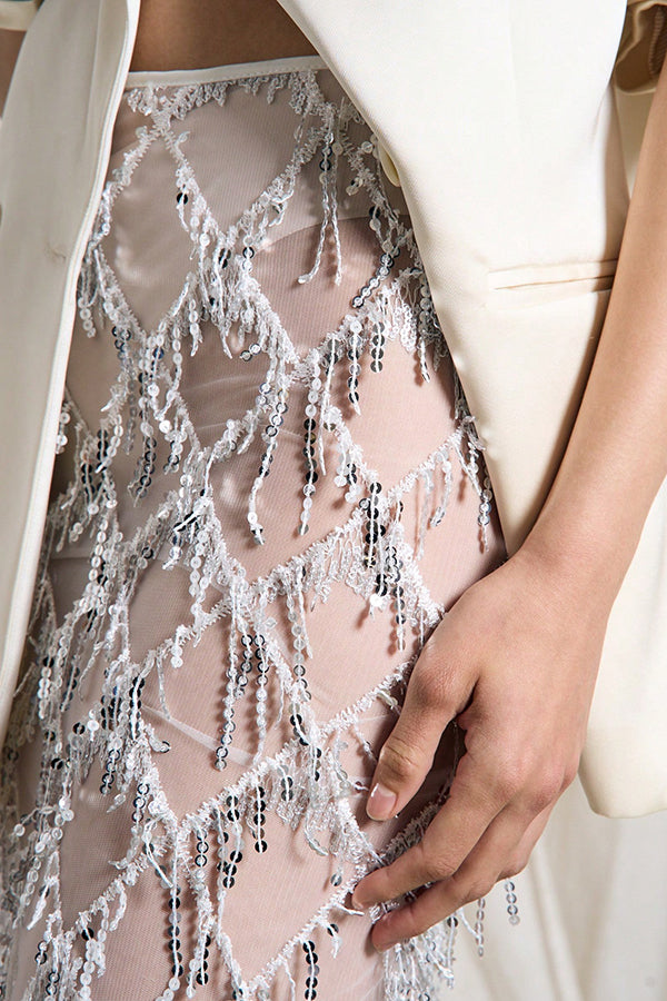 Fashionable Mesh See-through Sequined Tassel Midi Skirt