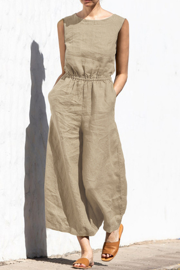 Fern Linen Blend Pocketed Button Back Elastic Waist Jumpsuit-consonak