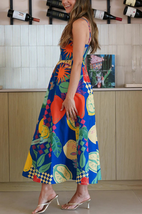 Linen Blend Unique Print Square Neck Pocket Casual Vacation Maxi Dress