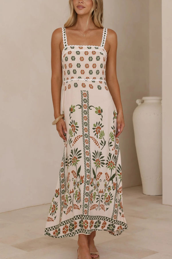 Floral Print Sleeveless Square Neck Casual Vacation Maxi Dress