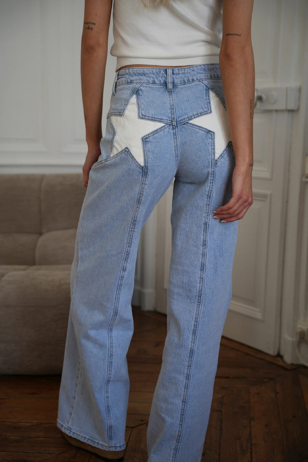 Stylish Denim Colorblock Star Patterned Mid Waist Pocket Wide Leg Jeans-consonak