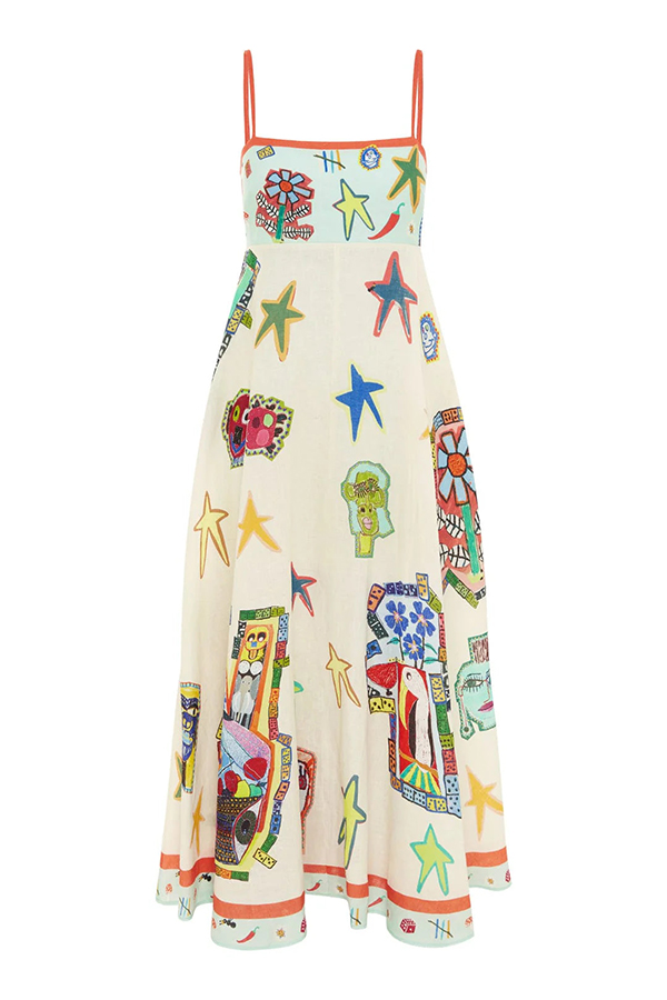 Miami Happy Hour Linen Blend Unique Print Smocked Back Pocketed Midi Dress-consonak