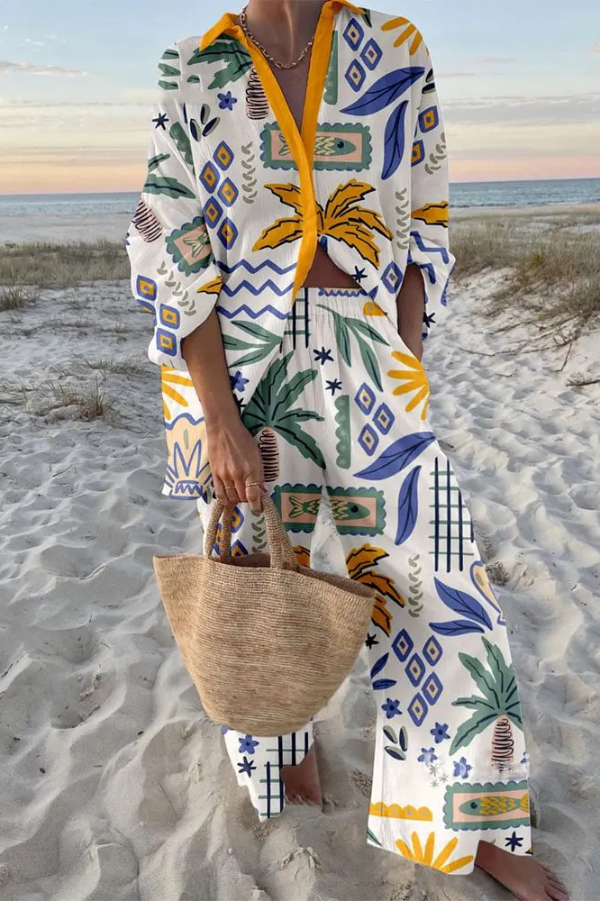 Summer Coconut Tree Print Loose Shirt and Elastic Waistband Pocket Pants Set