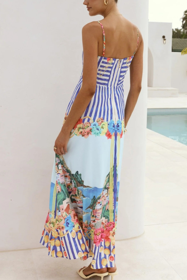 Unique Printed Spaghetti Strap Square Neck Casual Holiday Maxi Dress | Consonak