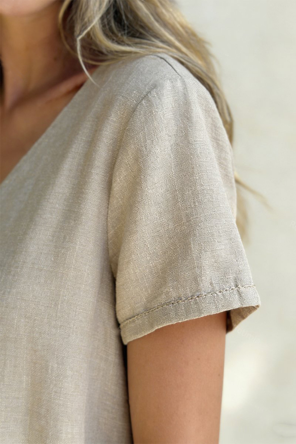 Linen Blend Crew Neck Short-sleeved Top and Elastic Waist Casual Pocket Pants Set-consonak