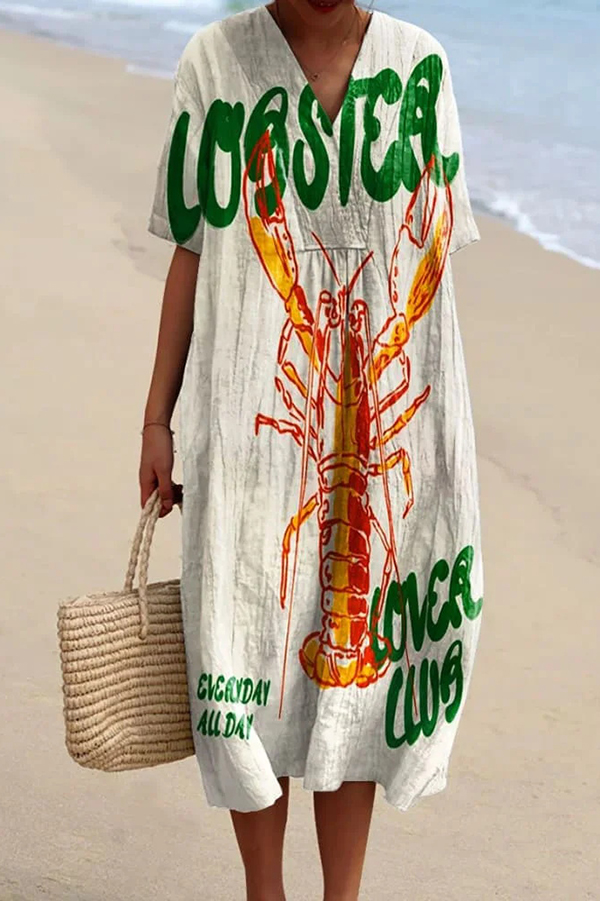 Unique Marine Print V-neck Short-sleeved Midi Dress-consonak