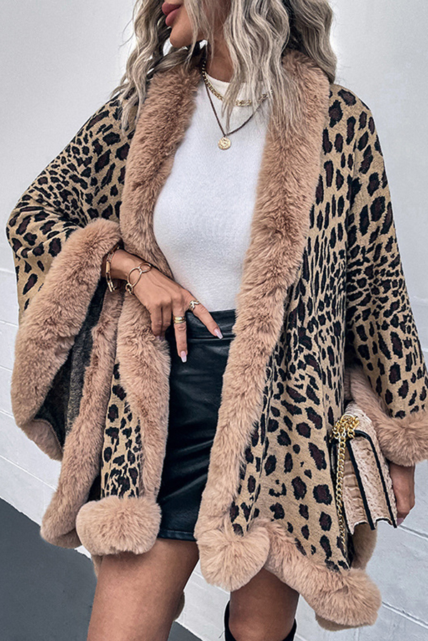Leopard Print Fashionable Raw Edge Shawl Cape Cardigan-consonak