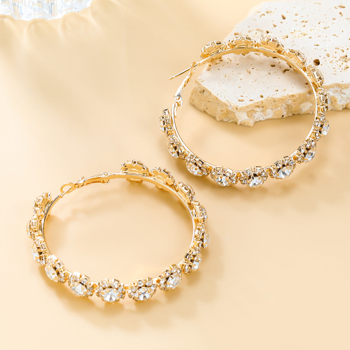 Textured Rhinestone Hoop Earrings-consonak