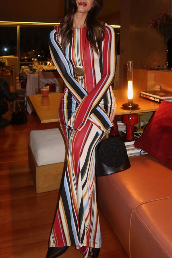 Vibrant Holiday Colorful Striped Print Extra Long Sleeve Fitted Flared Maxi Dress-consonak