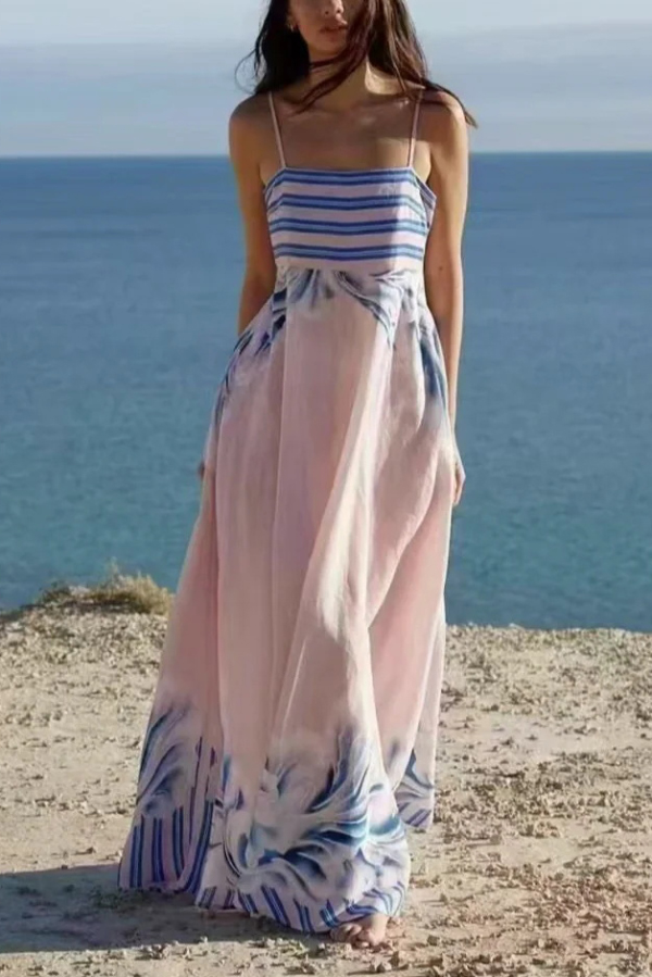 Unique Print Square Neck Spaghetti Strap Back Gathered Maxi Dress