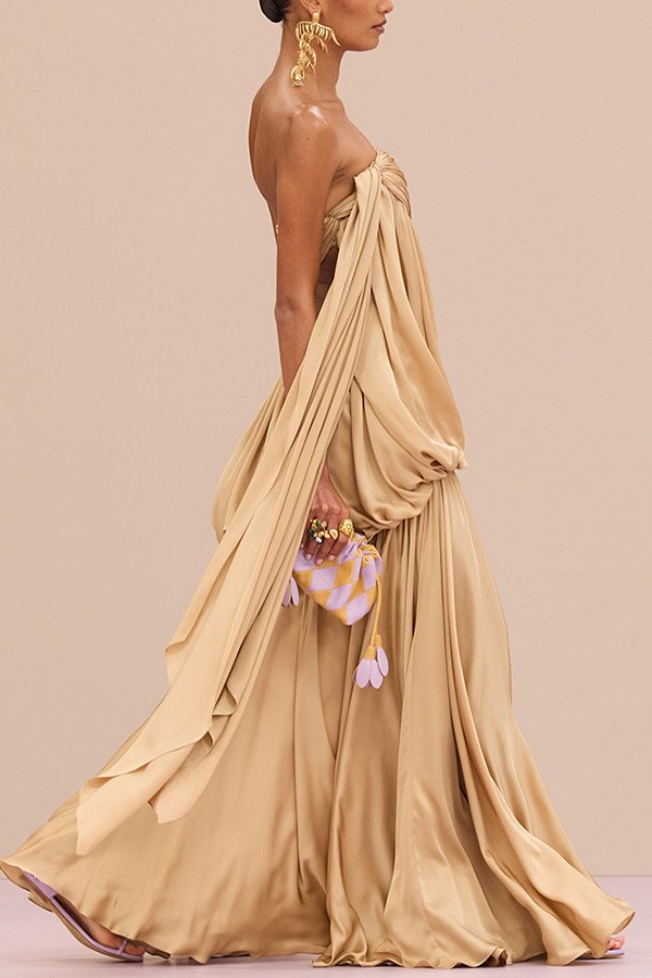 Flowing Fantasy Satin Pleated Bubble Design Strapless Drape Maxi Dress-consonak