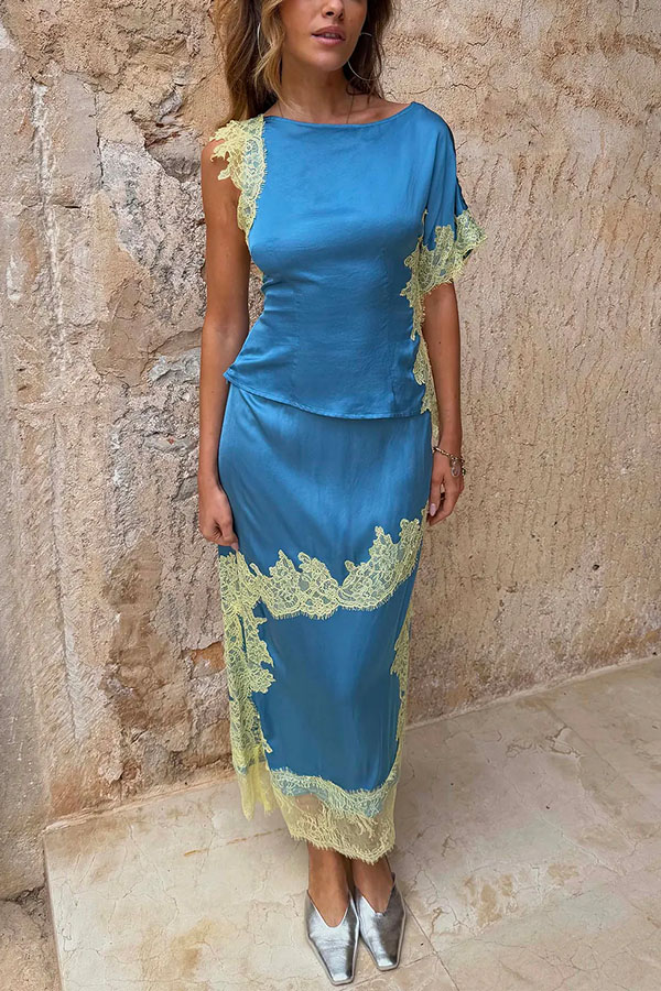 Kira Contrast Color Satin Lace Trim High Rise Maxi Skirt