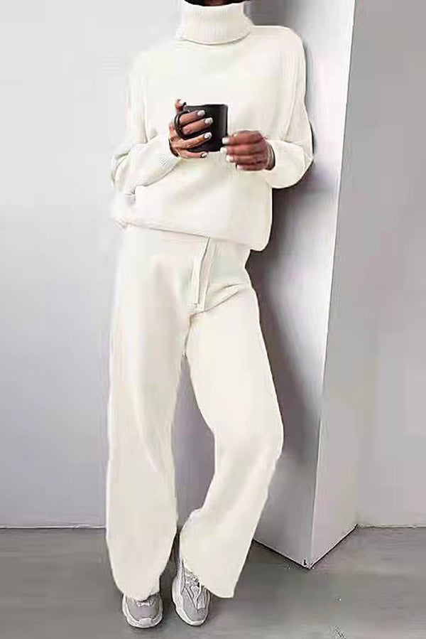Solid Color Turtleneck Long-sleeved Knit Top and Elastic Waist Casual Pants Set-consonak