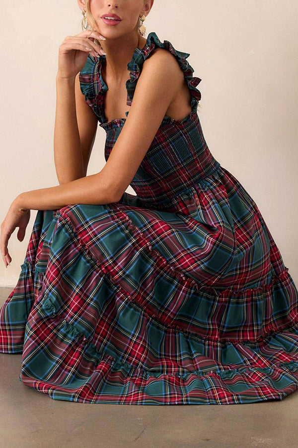 Plaid Print Ruffled Halter Pleated Sleeveless Casual Midi Dress-consonak