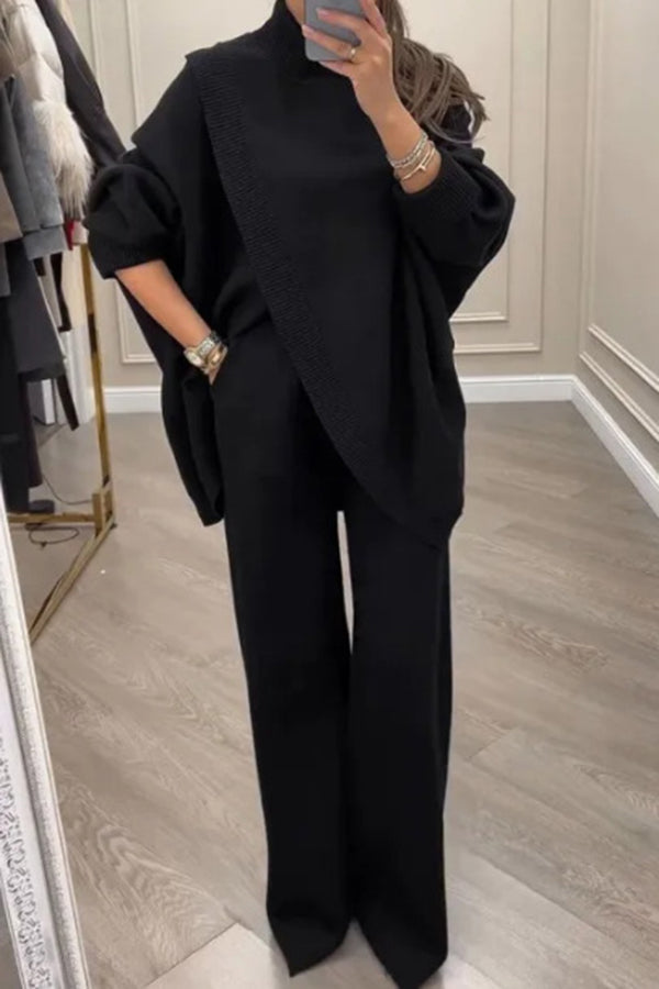 Solid Color Loose-fitting Turtleneck Knit Top and Elastic Waist Casual Pocket Straight Leg Pants-Consonak