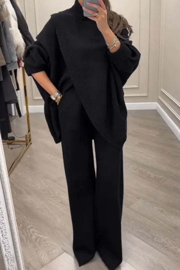 Solid Color Loose-fitting Turtleneck Knit Top and Elastic Waist Casual Pocket Straight Leg Pants-consonak