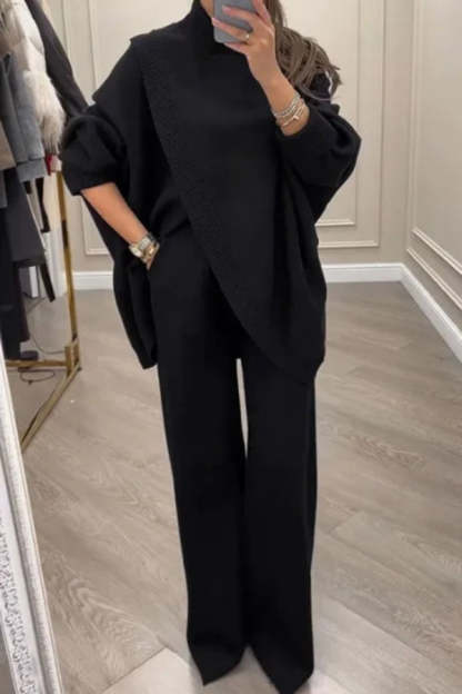 Solid Color Loose-fitting Turtleneck Knit Top and Elastic Waist Casual Pocket Straight Leg Pants-consonak