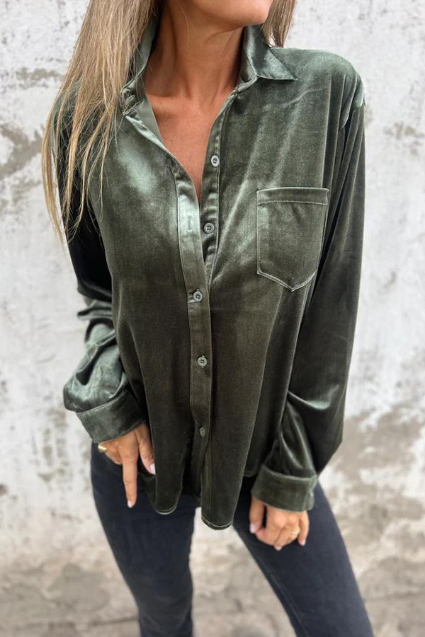 Solid Velvet Long-sleeved Single-breasted Loose Pocket Shirt-consonak