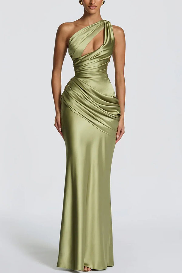Emina Satin One Shoulder Asymmetrical Neck Cutout Back Lace-up Drape Maxi Dress | Consonak