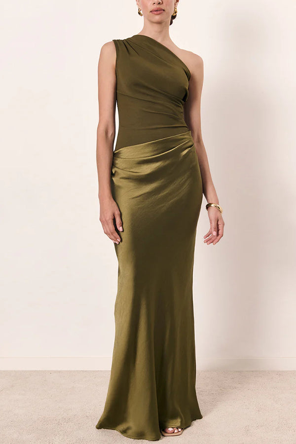 Kaia Satin Contrast Fabric Patchwork One Shoulder Ruched Maxi Dress | Consonak
