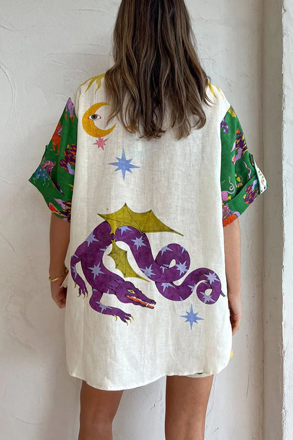 Holidays of Heaven Linen Blend Special Unique Printed Blouse and Elastic Waist Pocketed Shorts Set-consonak