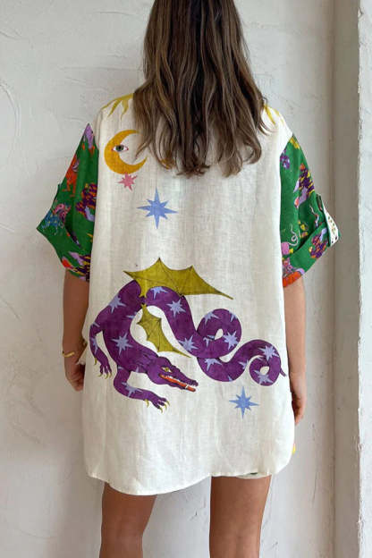 Holidays of Heaven Linen Blend Special Unique Printed Blouse and Elastic Waist Pocketed Shorts Set-consonak