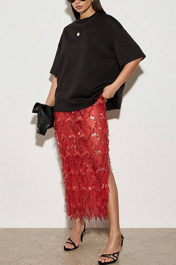 Fashionable Mesh See-through Sequined Tassel Midi Skirt
