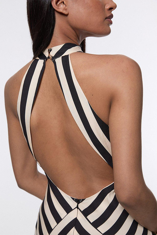 Modern Perfection Geometric Stripes Print Open Back Irregular Hem Maxi Dress-consonak