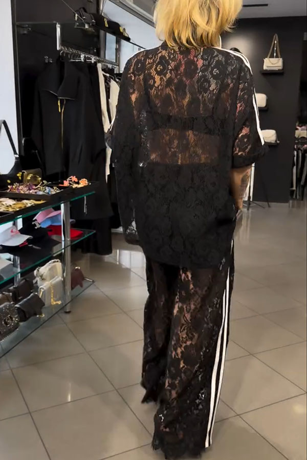 Mix Fashion Lace Striped Trim Short Sleeve Button Shirt and Elastic Waist Pocket Loose Pants Set