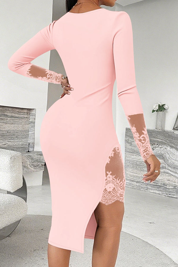 Sexy Lace Paneled Square Neck Slim-fit Slit Midi Dress-consonak