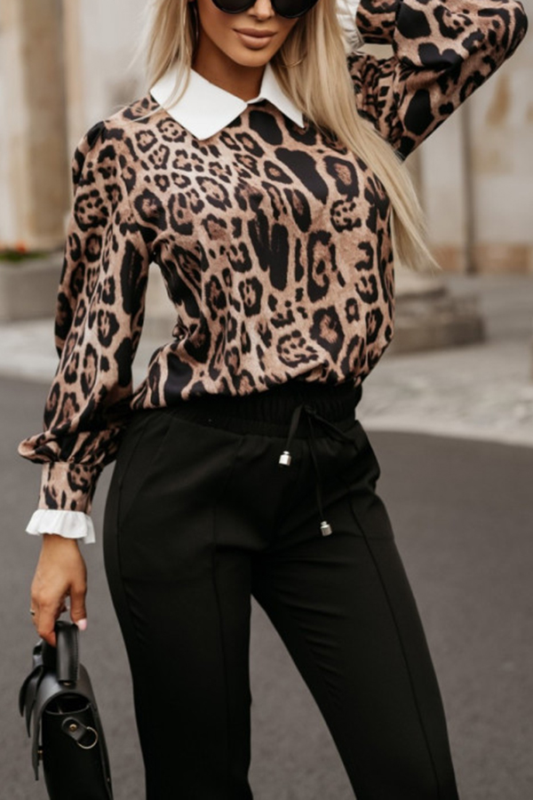 Leopard Print Lapel Long Sleeve Casual Shirt-consonak