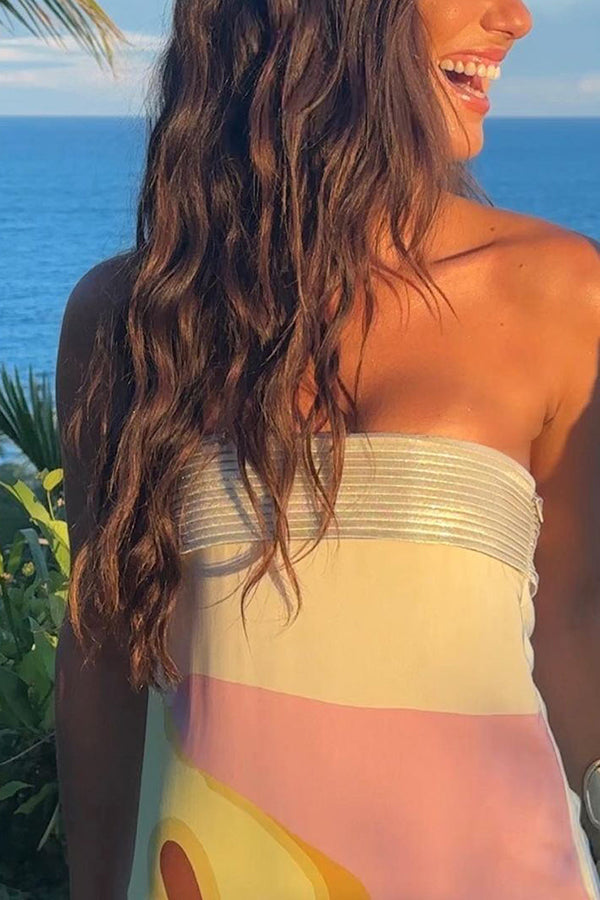 Dalva Calla Lilies Print Pleated Metallic Fabric Patchwork Bandeau Loose Maxi Dress-consonak