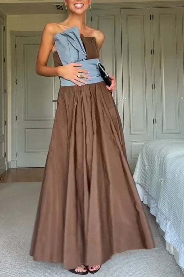 Modern Structured Color Block Off Shoulder Pocket Umbrella Hem Maxi Dress