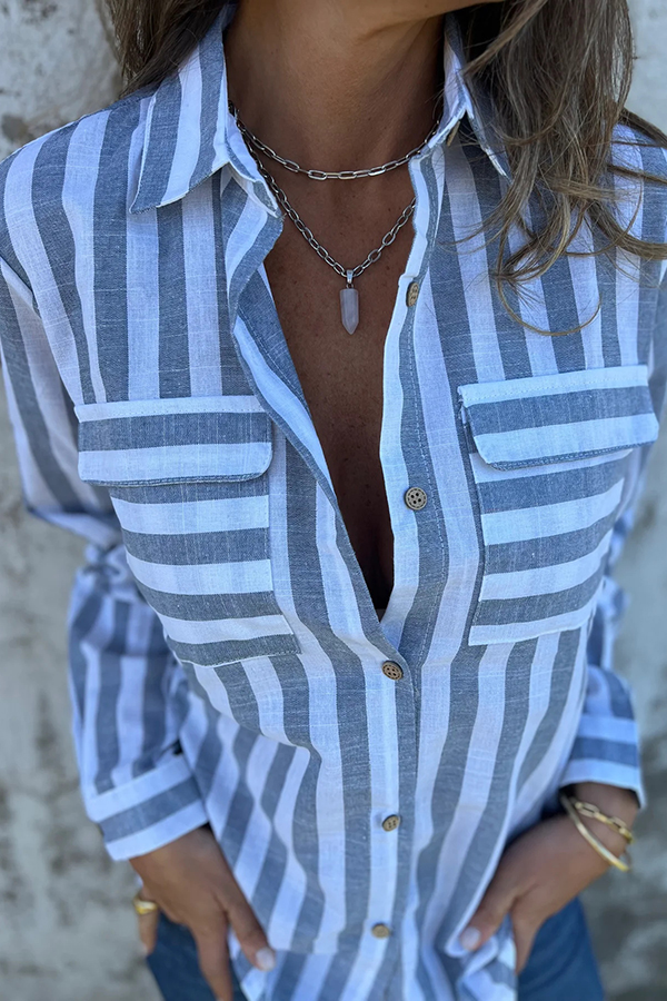Striped Print Casual Pocket Shirt Top-consonak