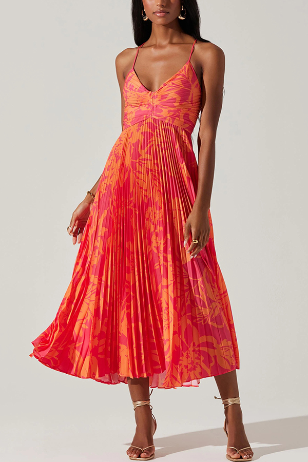 Wedding Party Season Floral Print Pleated Back Tie-up Midi Dress-consonak