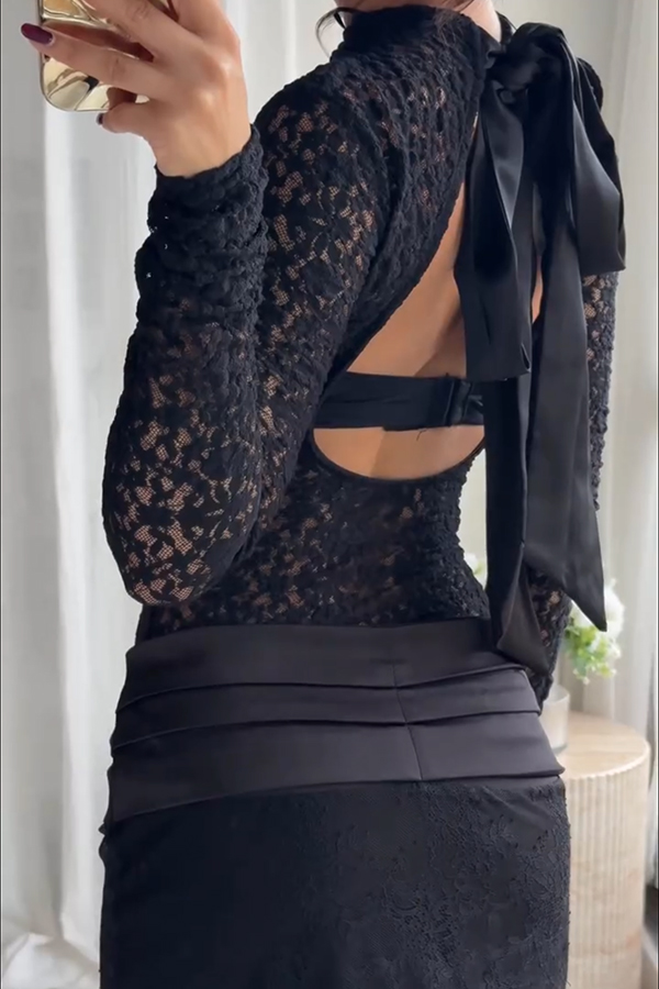 Anna Semi-sheer Lace Long Sleeve Back Bow Tie-up Cutout Stretch Bodysuit | Consonak