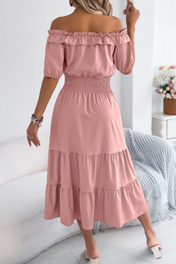 Stylish Off-shoulder Short-sleeved Pleated Waist Casual Midi Dress-consonak