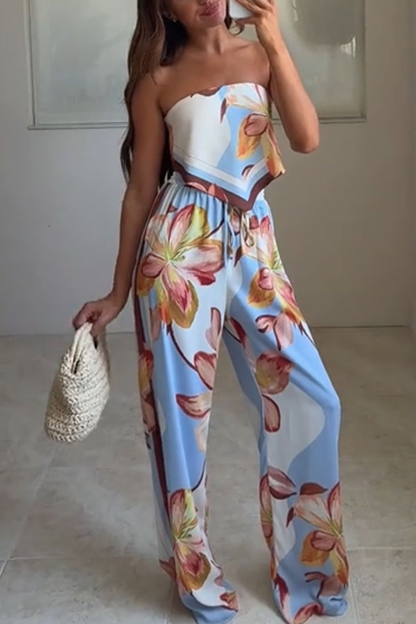 Shades of Cornflower Printed Bandeau Crop Scarf Top and Elastic Waist Pocket Wide Leg Pants Set