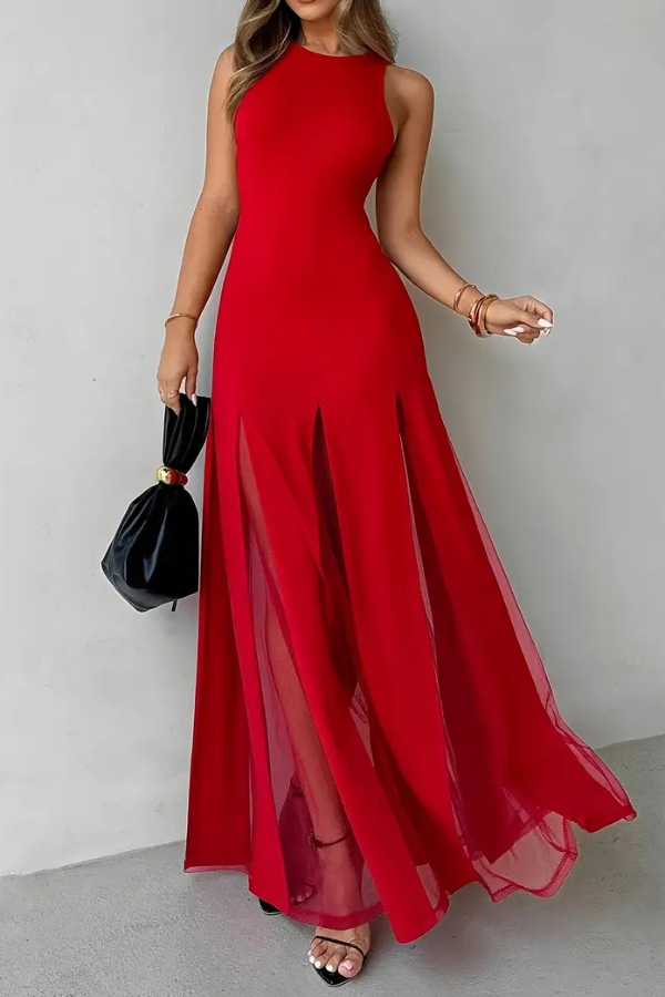 Solid Color Round Neck Sleeveless Slim Fit Sheer Patchwork Hem Maxi Dress | Consonak