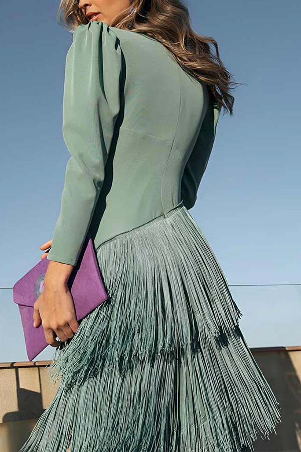Elegant Night V-Neck Long Sleeve Layered Tassel Hem Maxi Dress-Consonak