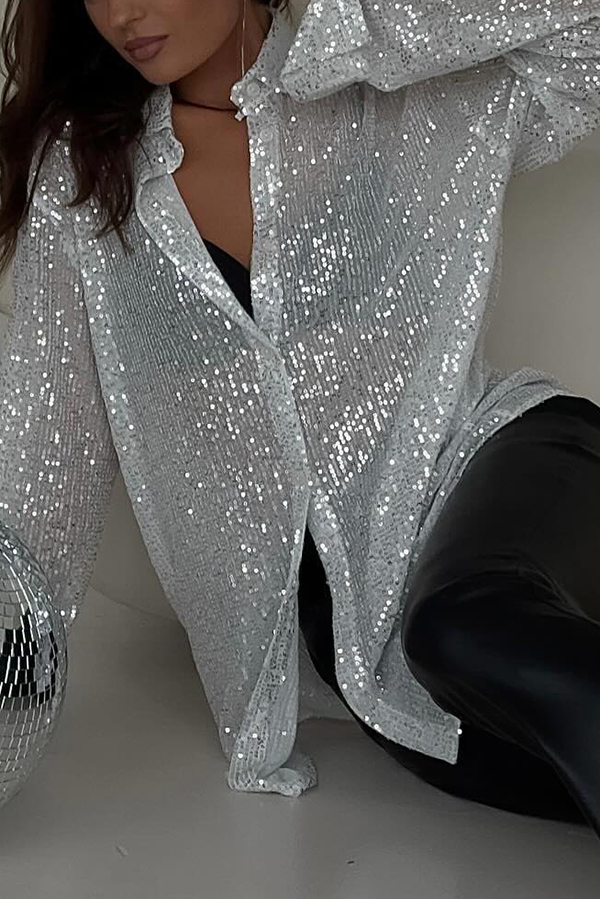 Fashion Sequin Lapel Long Sleeve Loose Shirt | Consonak