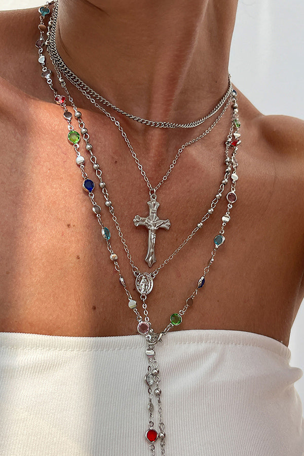 Fashionable Diamond Cross Chain Elegant Multi-layered Necklace-consonak