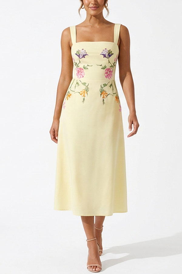 Artistically Crafted Symmetrical Floral Print Square Neck Pencil Midi Dress