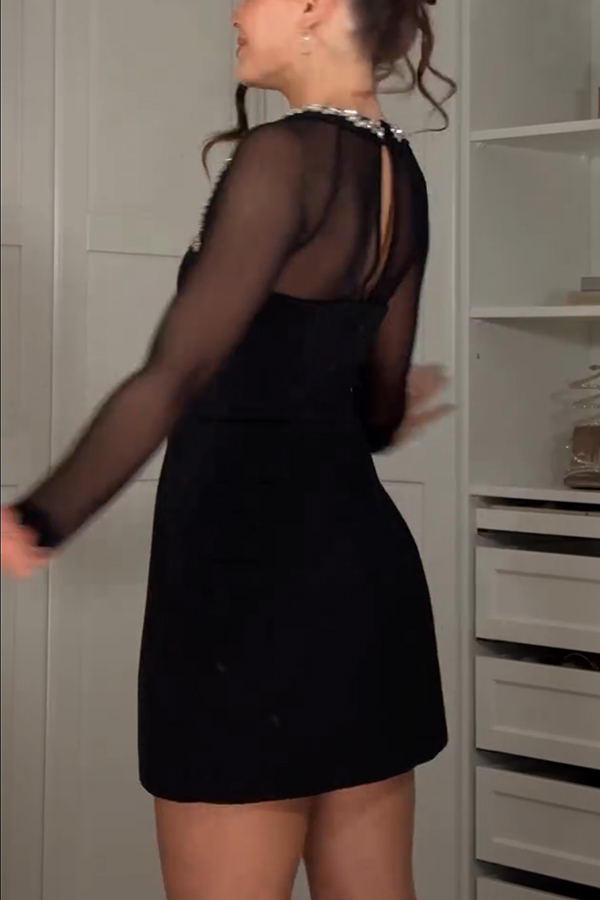 Emmey Jewel Embellished Trim Square-Neck Mesh Long Sleeve Mini Dress-consonak