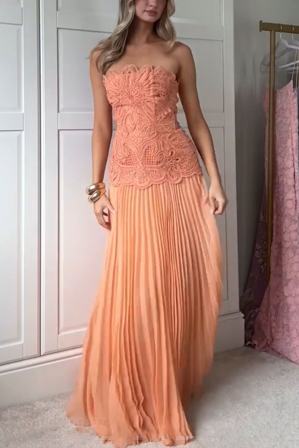 Sun Drifter Abstract Embroidery Cutwork Pleated Chiffon Hem Bandeau Maxi Dress